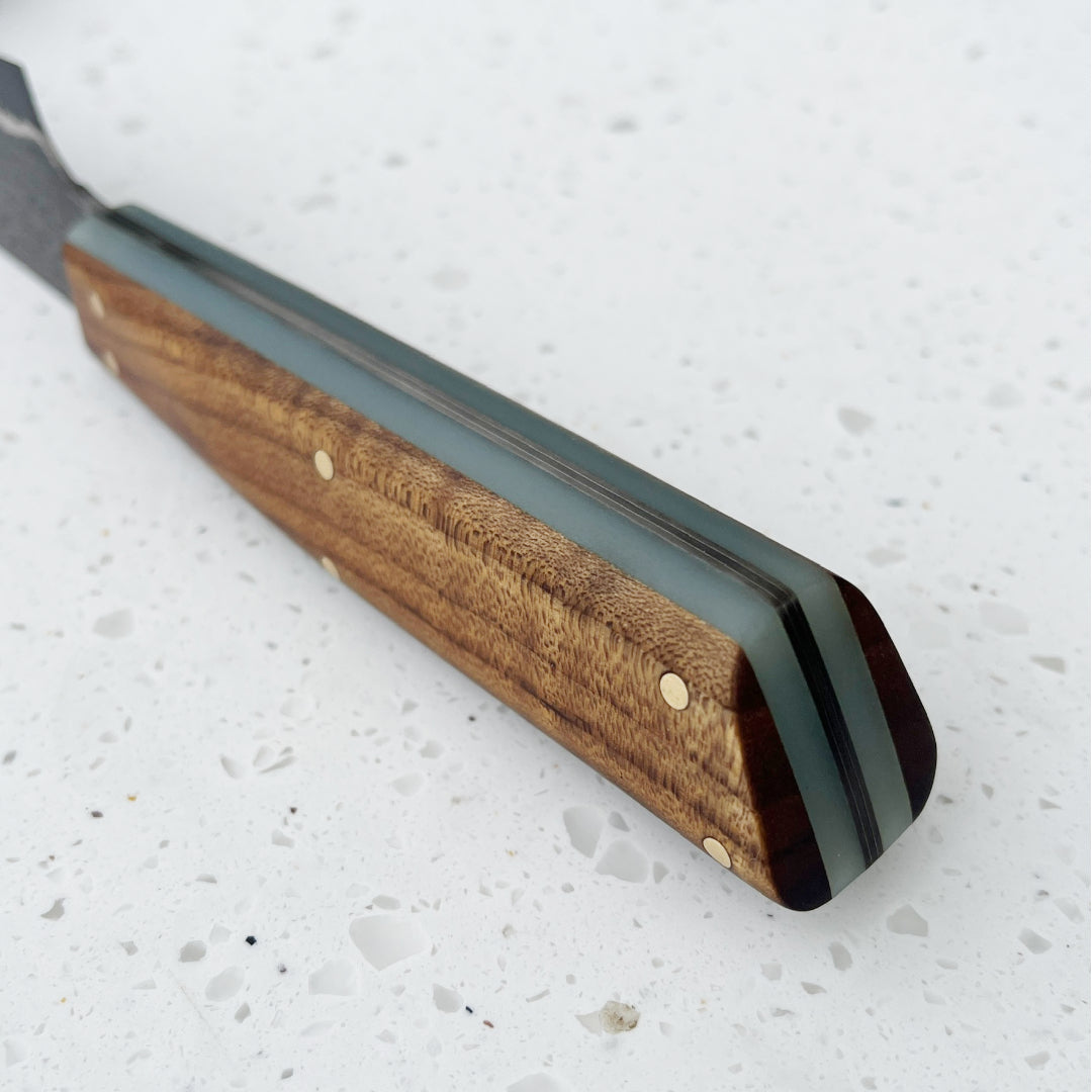 4.5" Petty Damascus San Mai 80CRV2 Jade G10 & Curly Maple