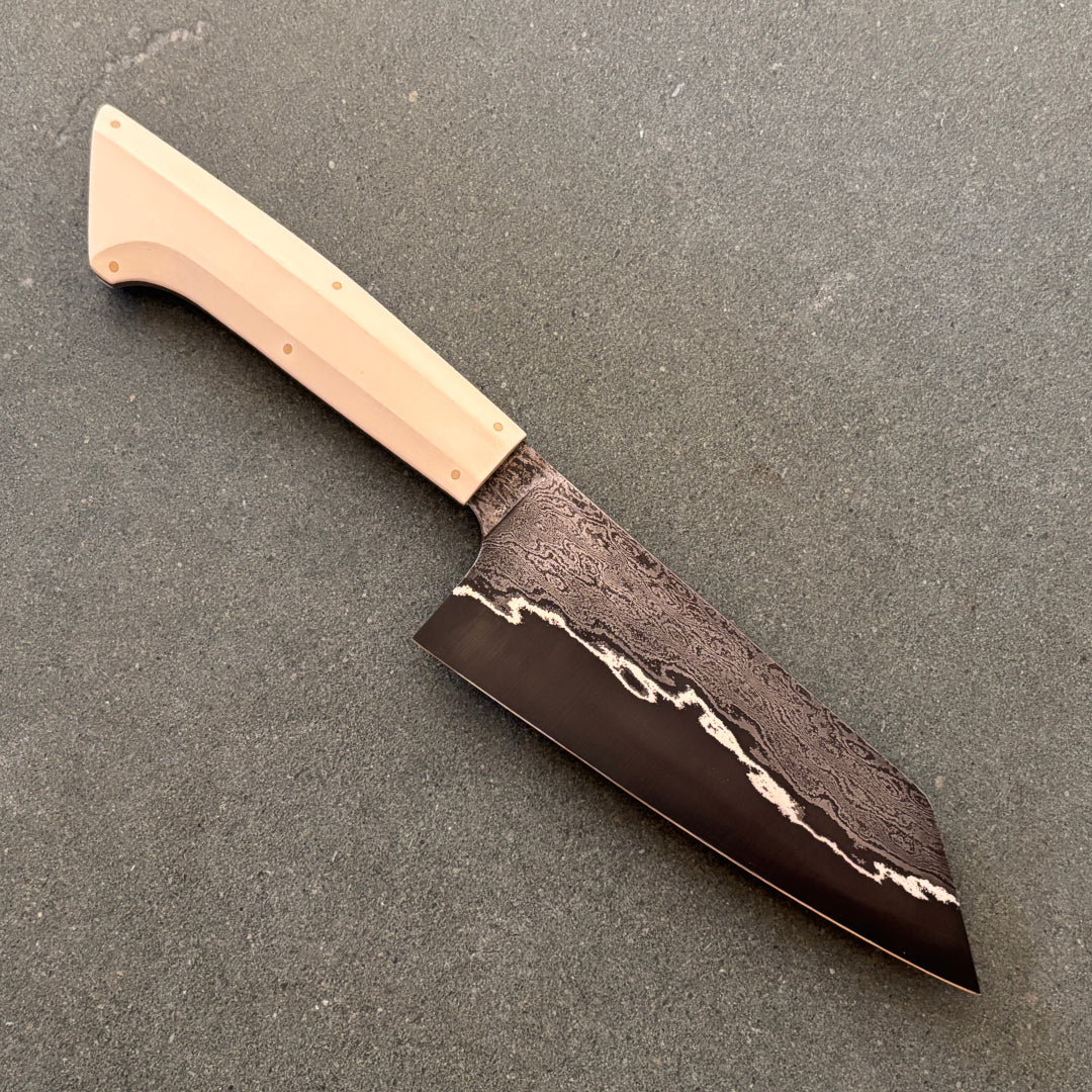 6" / 155mm Bunka Damascus San Mai 80CRV2 Ivory Paper Micarta Olive G10