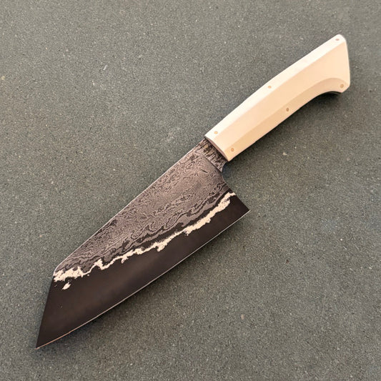 6" / 155mm Bunka Damascus San Mai 80CRV2 Ivory Paper Micarta Olive G10
