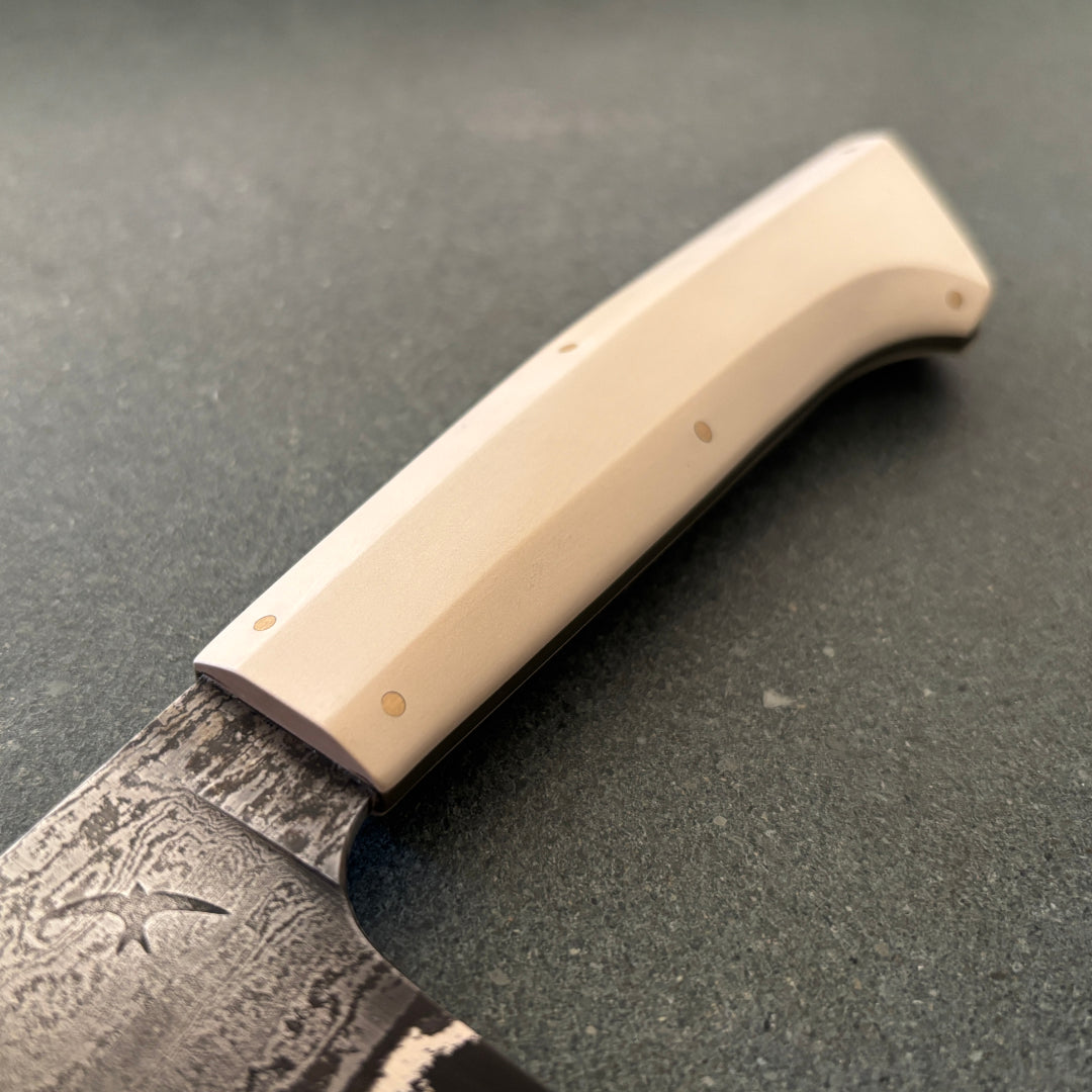 6" / 155mm Bunka Damascus San Mai 80CRV2 Ivory Paper Micarta Olive G10
