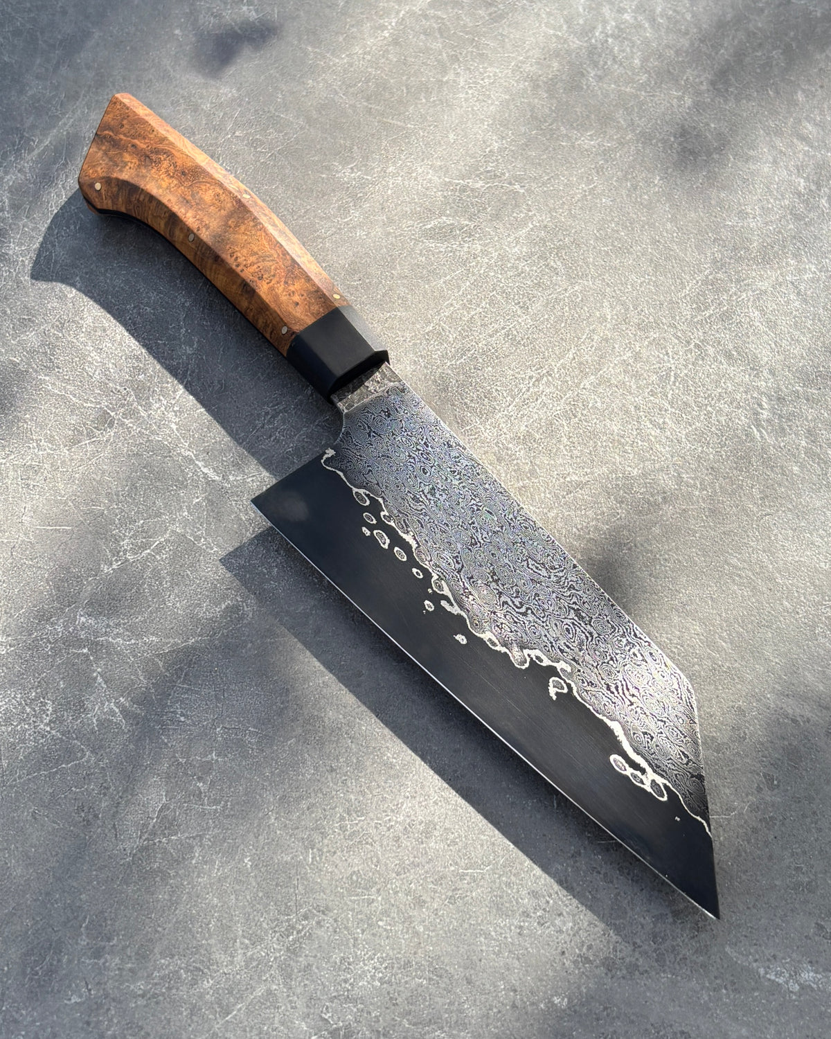 175 x 60mm Bunka Damascus San Mai 80CRV2 Teak Burl & Buffalo Horn