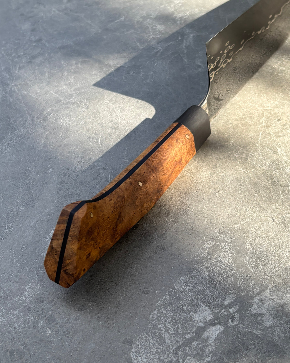 175 x 60mm Bunka Damascus San Mai 80CRV2 Teak Burl & Buffalo Horn