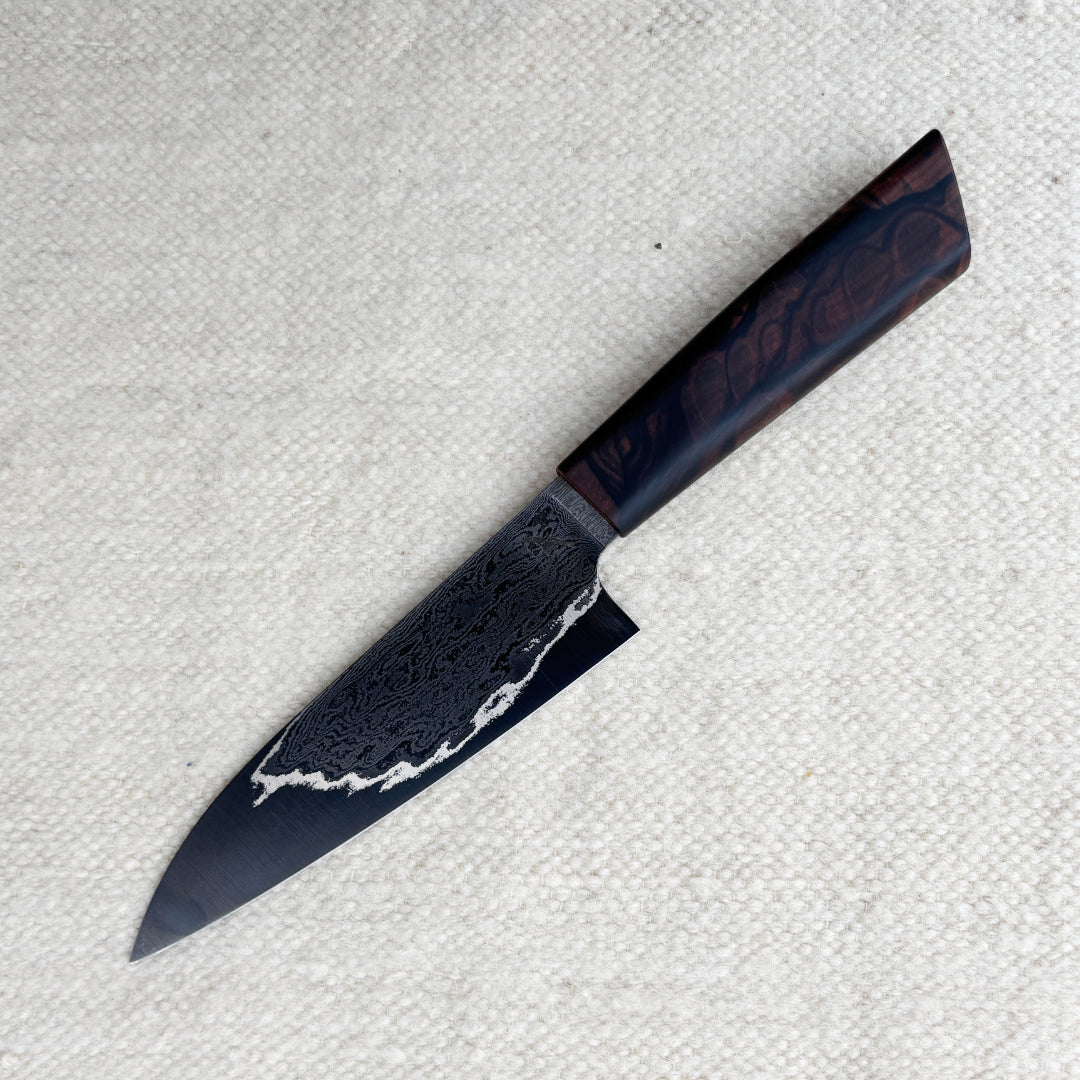 5.5" /  140mm Petty Damascus San Mai 80CRV2 Mun Ebony